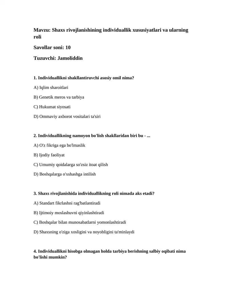 Shaxs rivojlanishining individuallik xususiyatlari va ularning roli