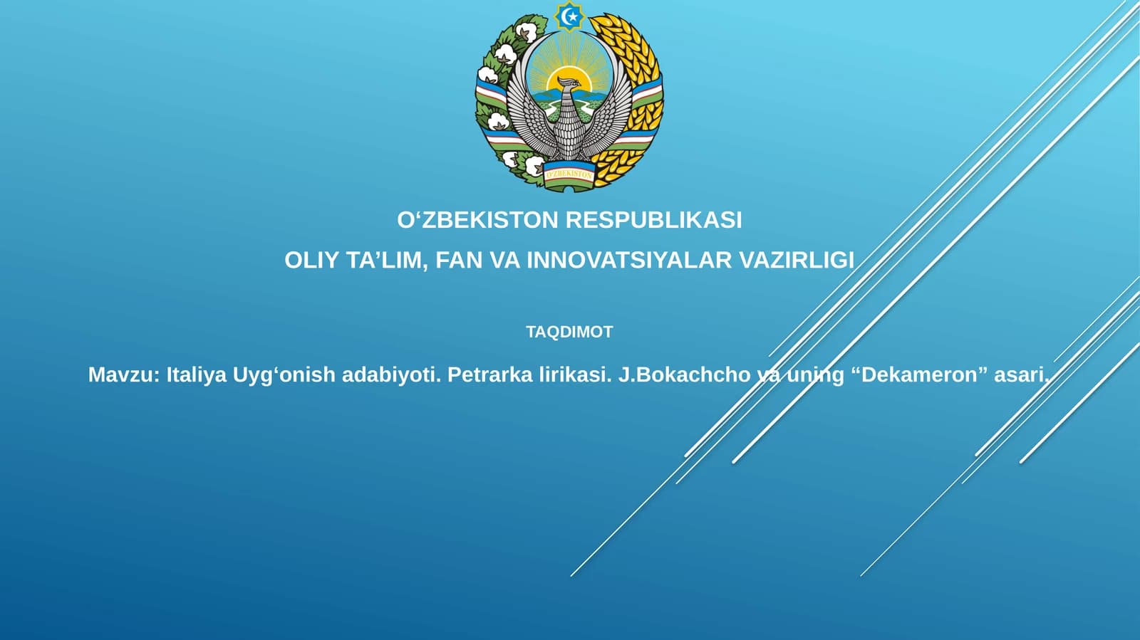 Italiya Uyg‘onish davri adabiyoti. Petrarkalirikasi. J.Bokachchovauning “Dekameron”asari