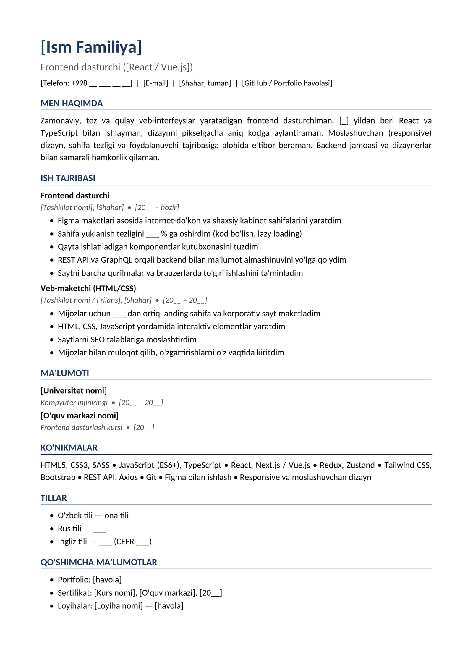 Rezyume namunasi Frontend dasturchi