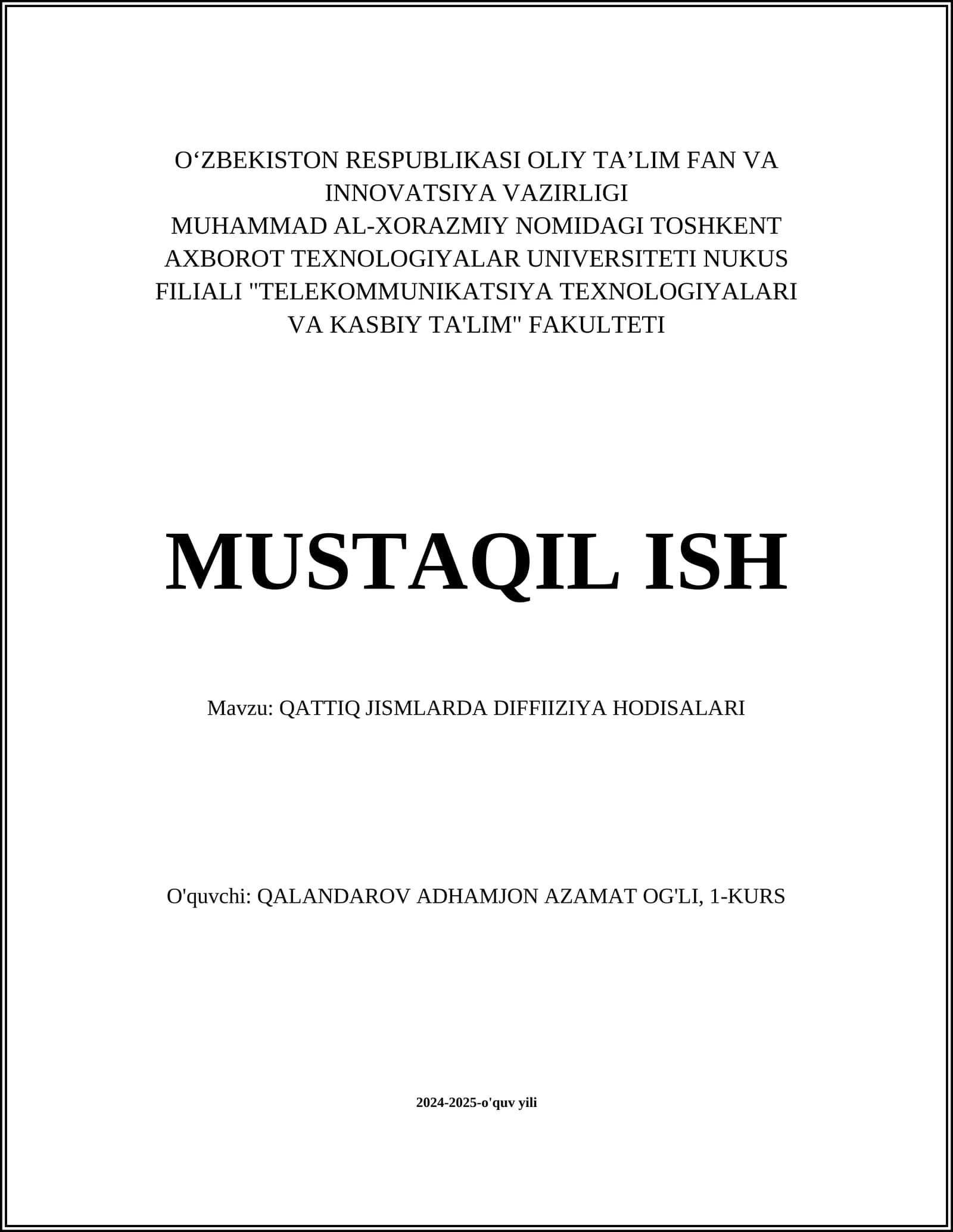 QATTIQ JISMLARDA DIFFIIZIYA HODISALARI