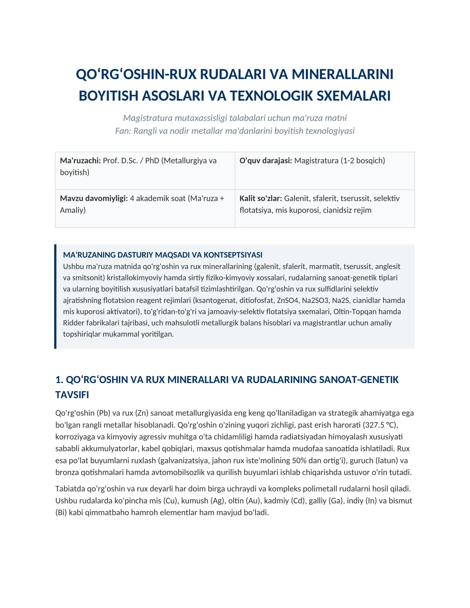 Qo‘rg‘oshin-rux rudalarini boyitish asoslari | Magistratura ma'ruza matni
