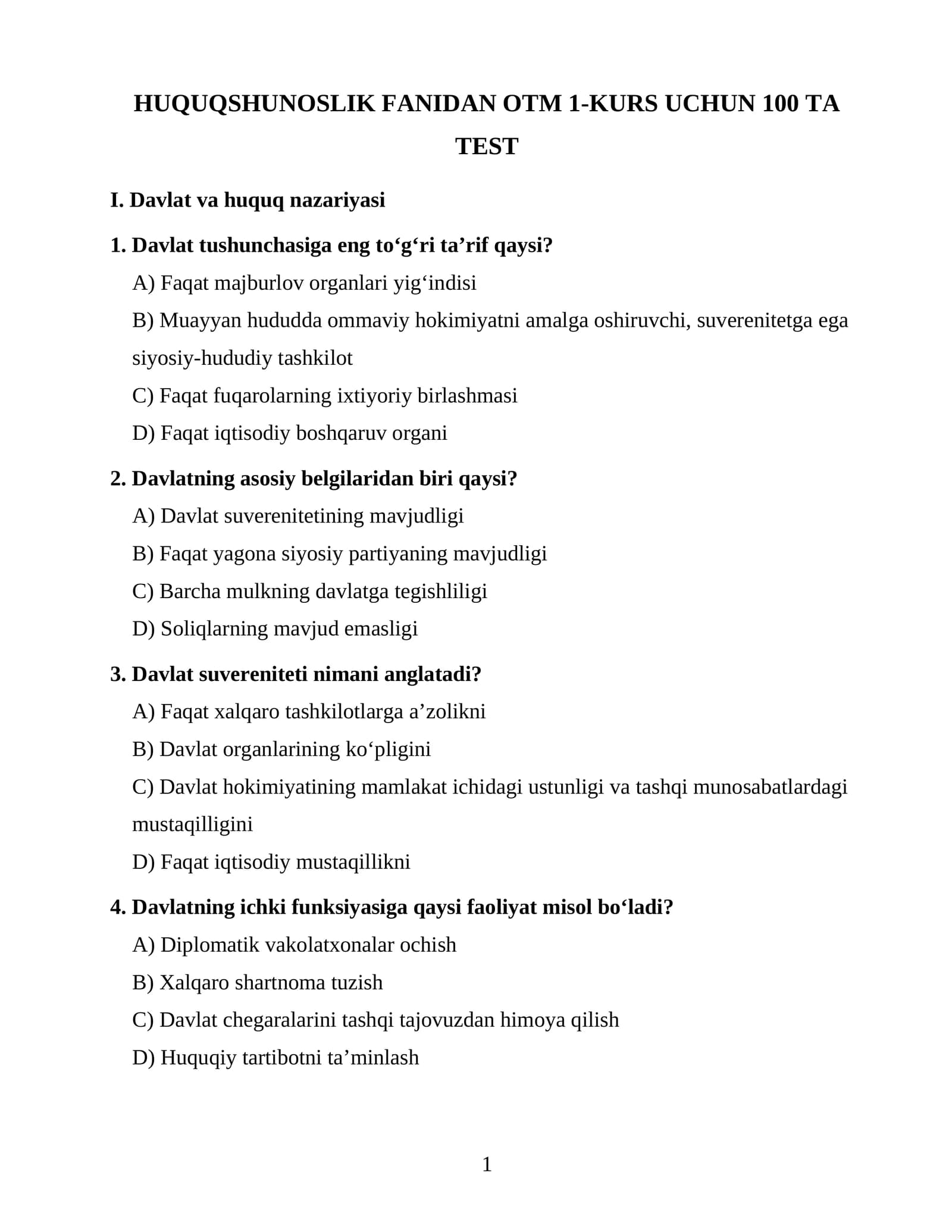 HUQUQSHUNOSLIK FANIDAN OTM 1-KURS UCHUN 100 TA TEST