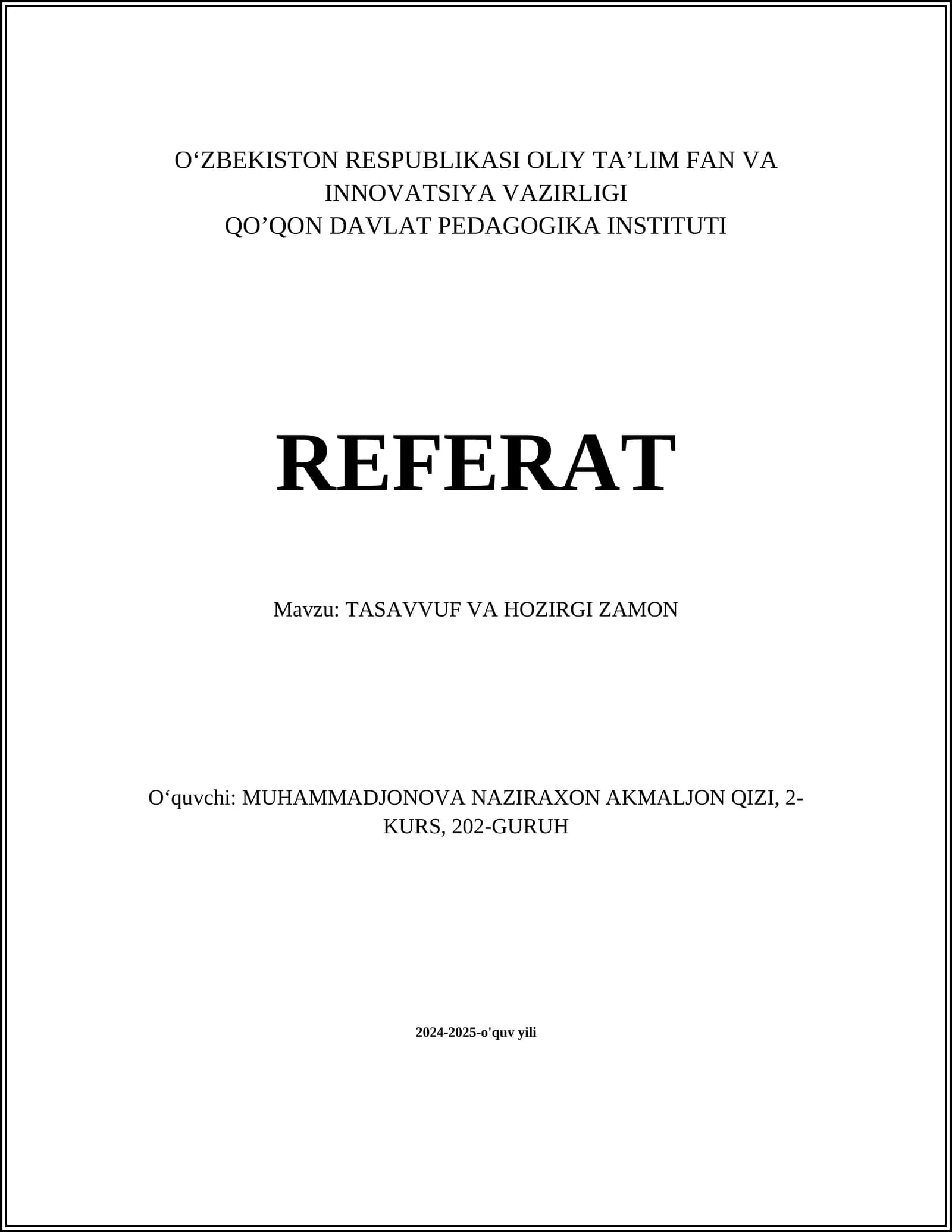 TASAVVUF VA HOZIRGI ZAMON