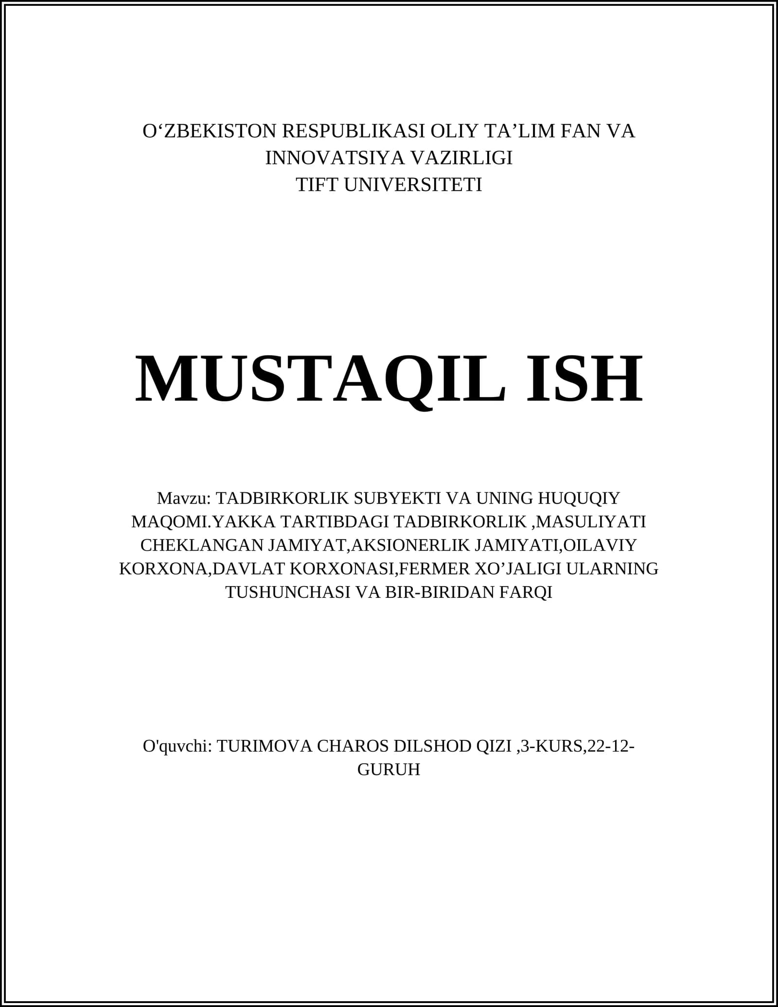 Tadbirkorlik subyekti va uning huquqiy maqomi
