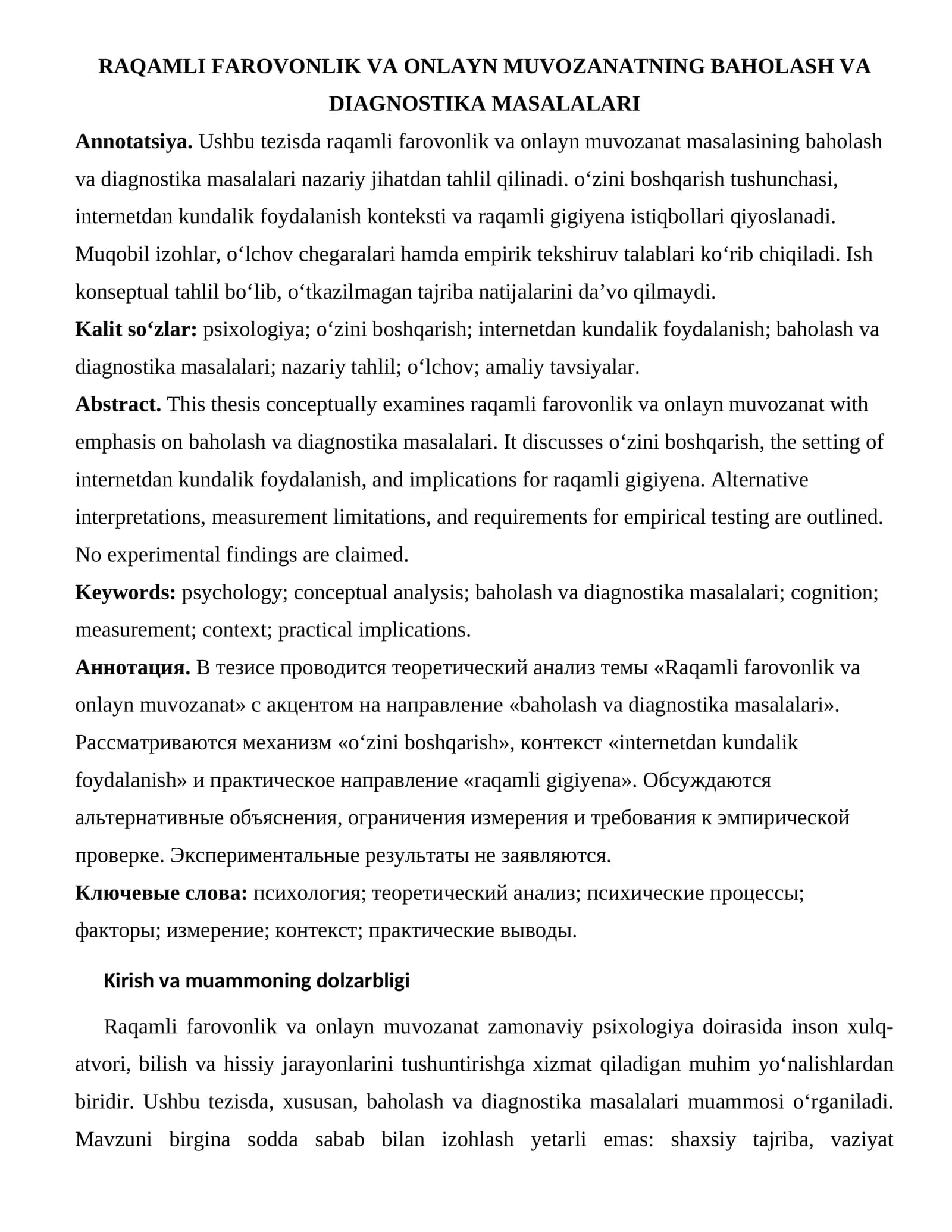 RAQAMLI FAROVONLIK VA ONLAYN MUVOZANATNING BAHOLASH VA DIAGNOSTIKA MASALALARI