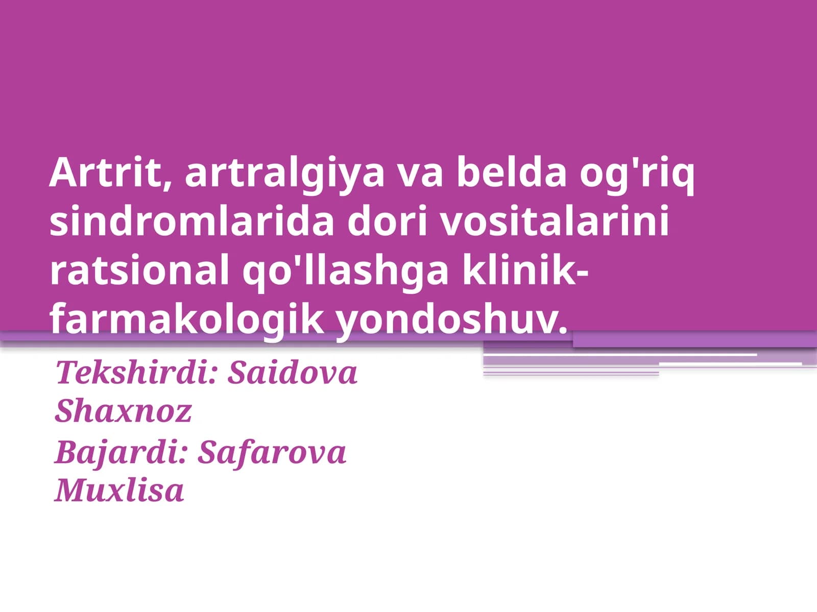 Artrit, artralgiya va belda og'riq sindromlarida dori vositalarini ratsional qo'llashga klinik-farma