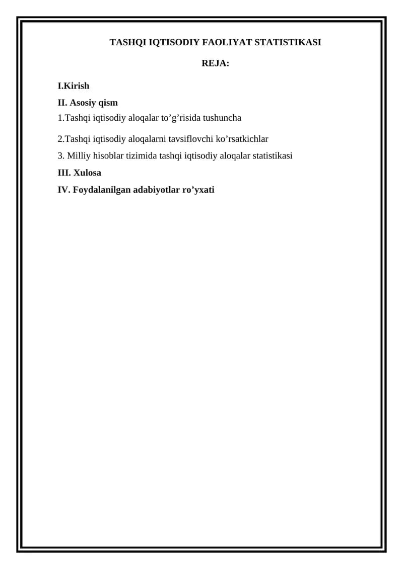 TASHQI IQTISODIY FAOLIYAT STATISTIKASI