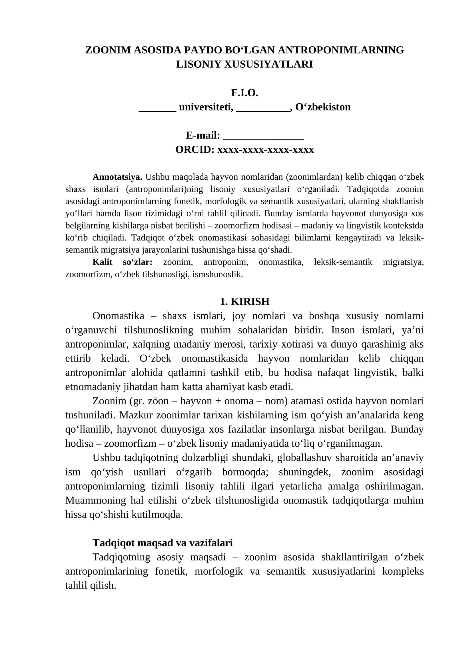 ZOONIM ASOSIDA PAYDO BO‘LGAN ANTROPONIMLARNING LISONIY XUSUSIYATLARI