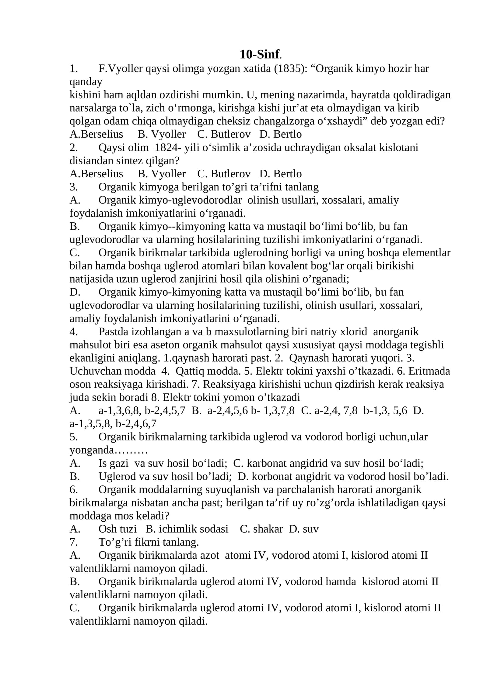 Fizika fanidan 10-Sinf testlar