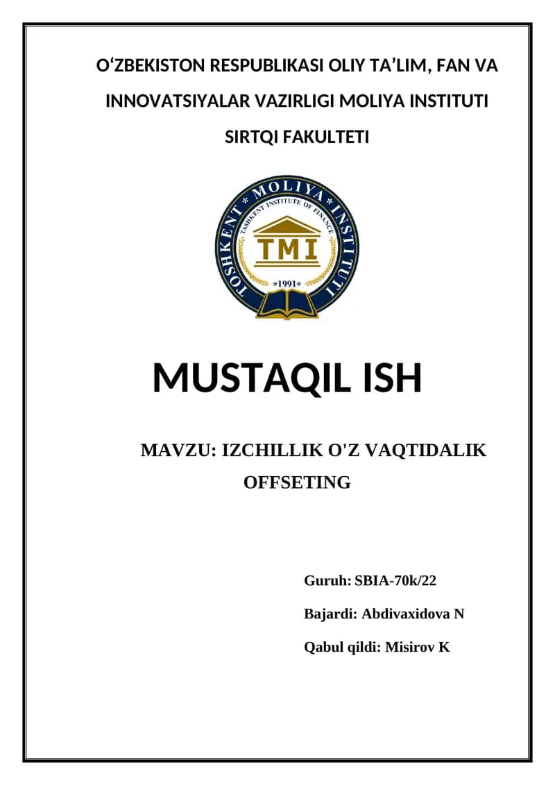 IZCHILLIK O'Z VAQTIDALIK OFFSETING
