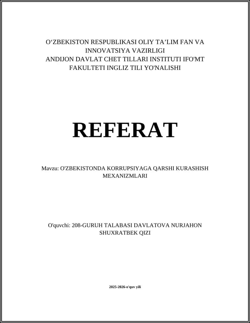 O'ZBEKISTONDA KORRUPSIYAGA QARSHI KURASHISH MEXANIZMLARI