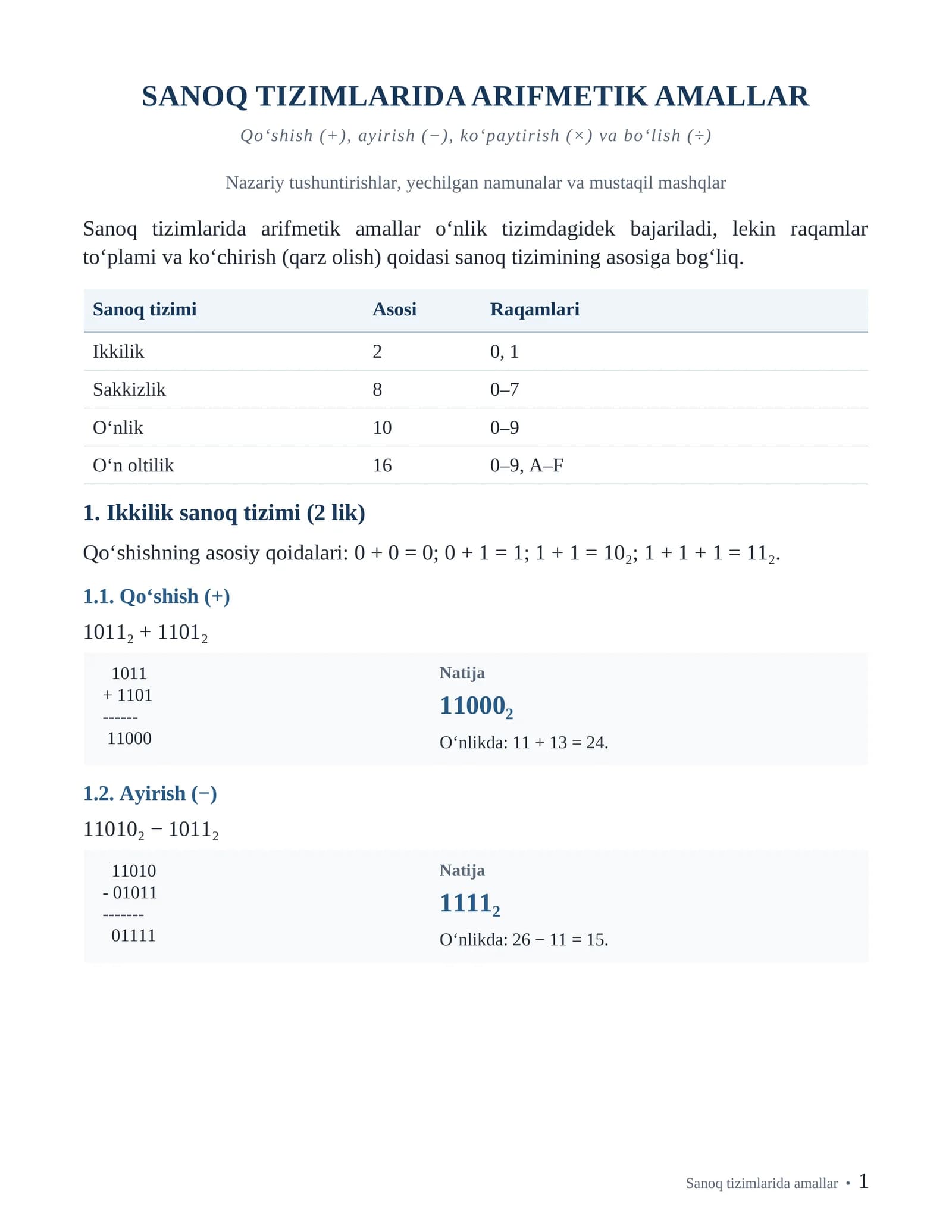SANOQ TIZIMLARIDA ARIFMETIK AMALLAR