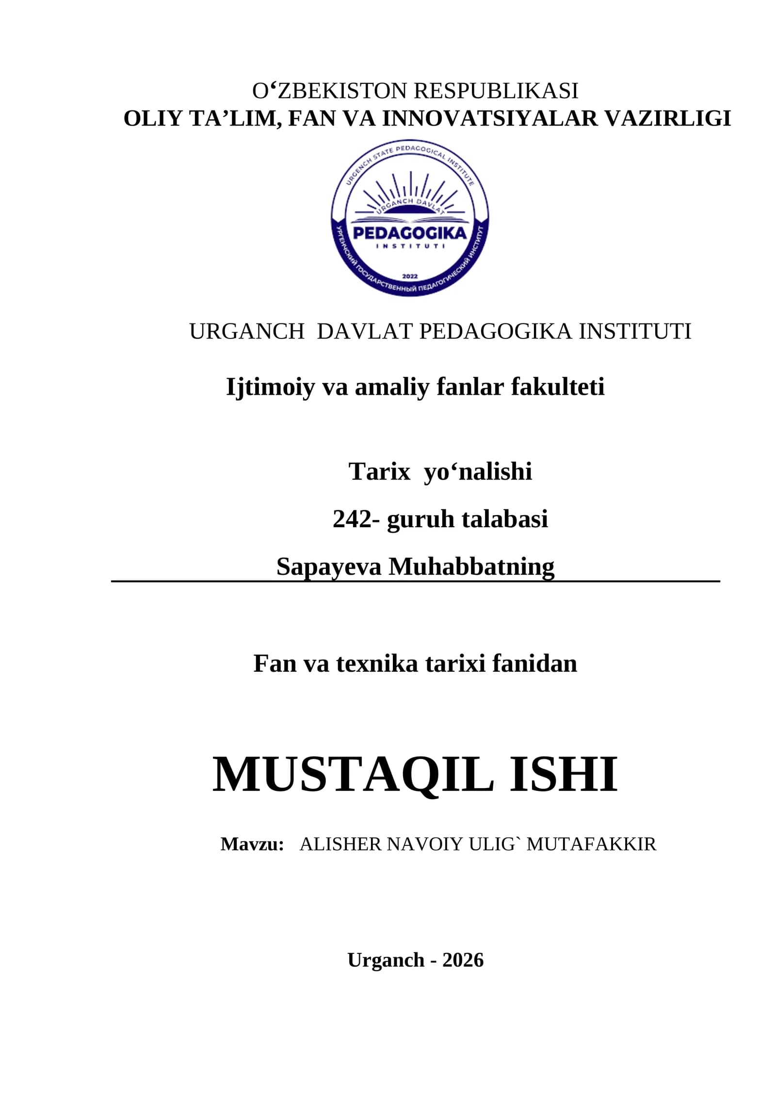 Аlishеr Nаvоiy ulig' Mutaаkir