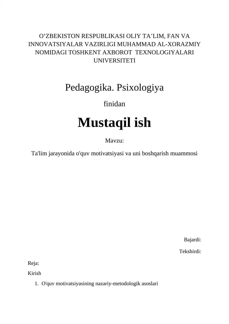 Ta'lim jarayonida o'quv motivatsiyasi va uni boshqarish muammosi