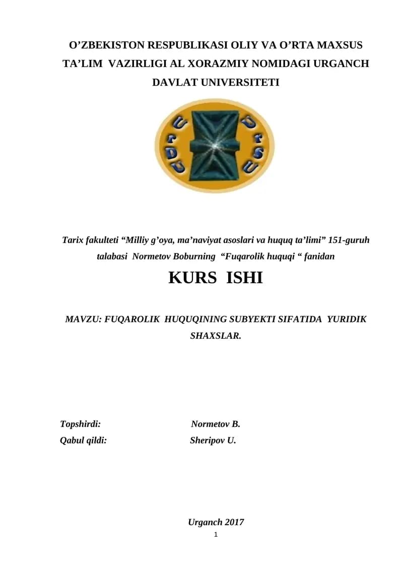 FUQAROLIK HUQUQINING SUBYEKTI SIFATIDA YURIDIK SHAXSLAR