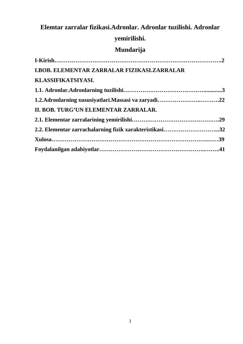Elementar zarralar fizikasi. KURS ISHI
