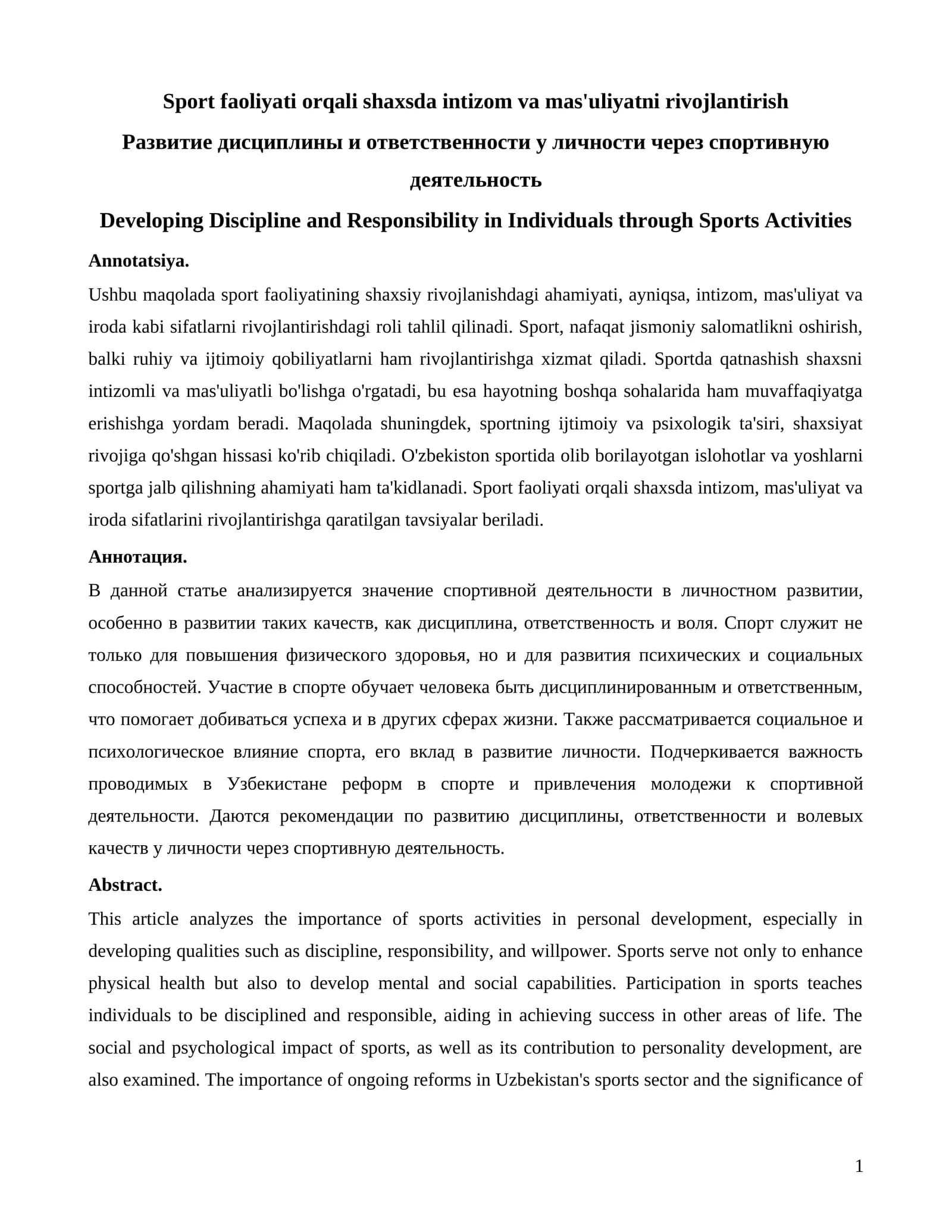 Sport faoliyati orqali shaxsda intizom va mas'uliyatni rivojlantirish