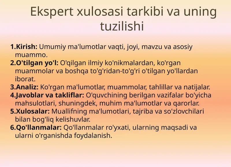 Ekspertxulosasi tarkibining tuzilishi