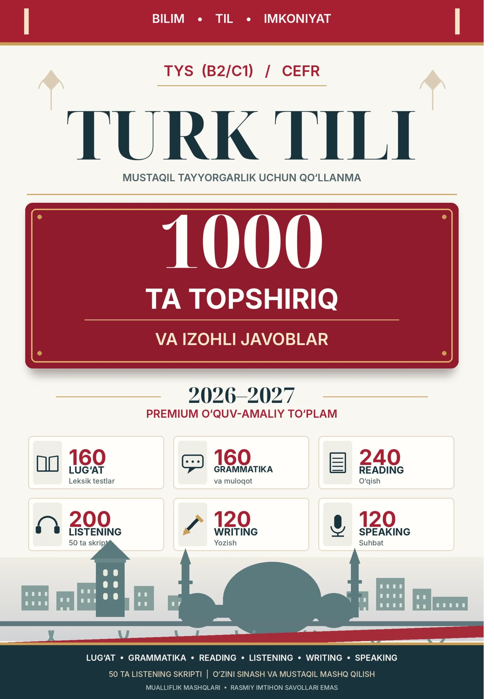 TURK TILI — TYS (B2/C1) / CEFR/TURK TILI IMTIHON 1000 TA TOPSHIRIQ 2026-2027.docx