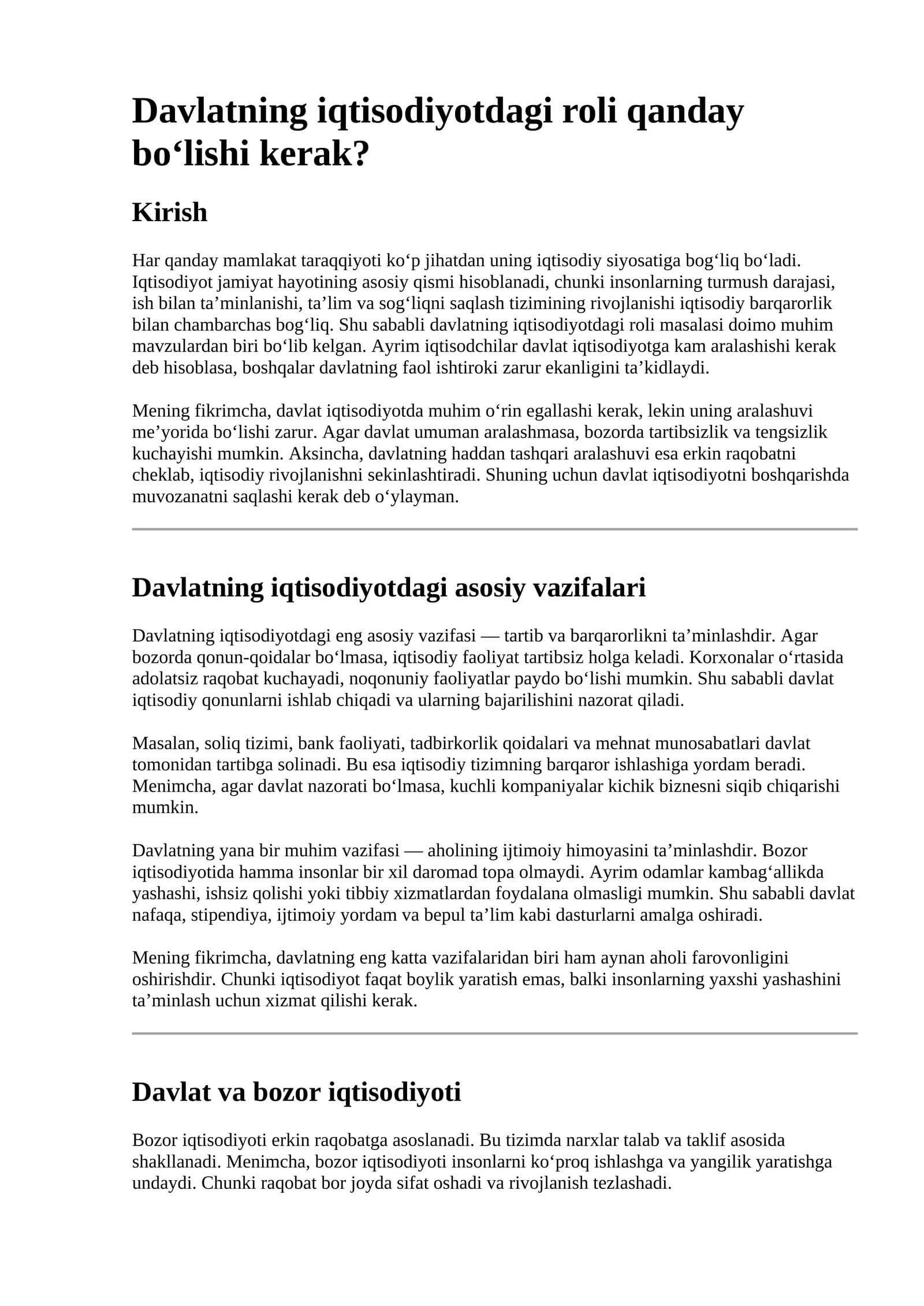 Davlatning iqtisodiyotdagi roli qanday bo‘lishi kerak?