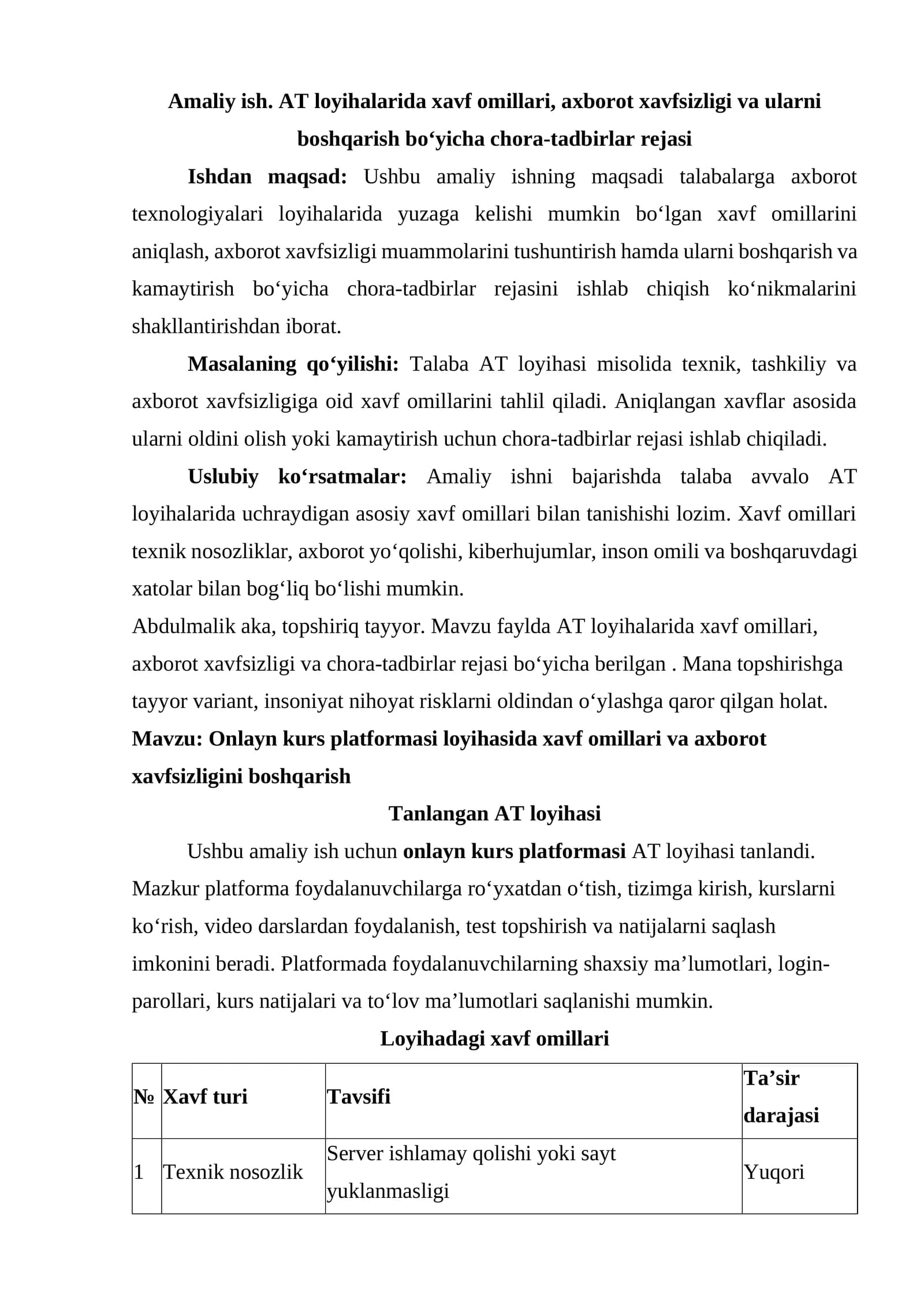 AT loyihalarida xavf omillari, axborot xavfsizligi va ularni boshqarish boʻyicha chora-tadbirlar rejasi