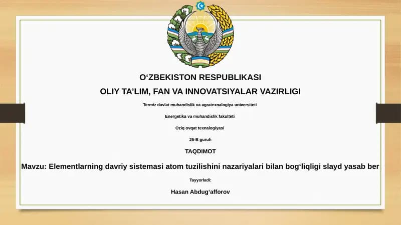 Elementlarning davriy sistemasi atom tuzilishini nazariyalari