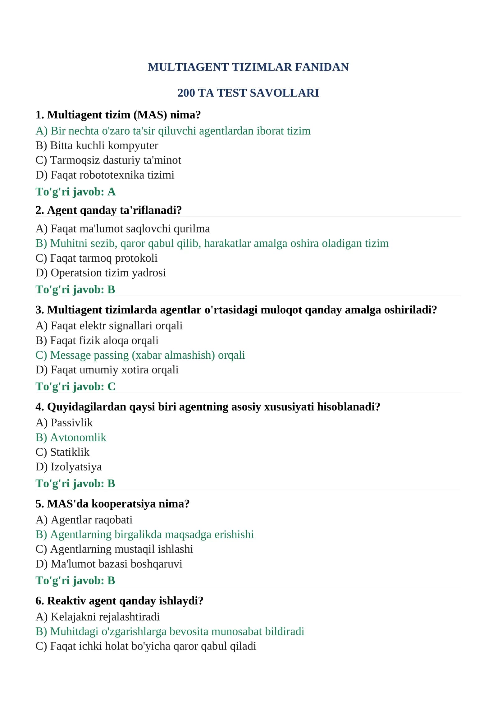 Multiagent Tizimlar Fanidan