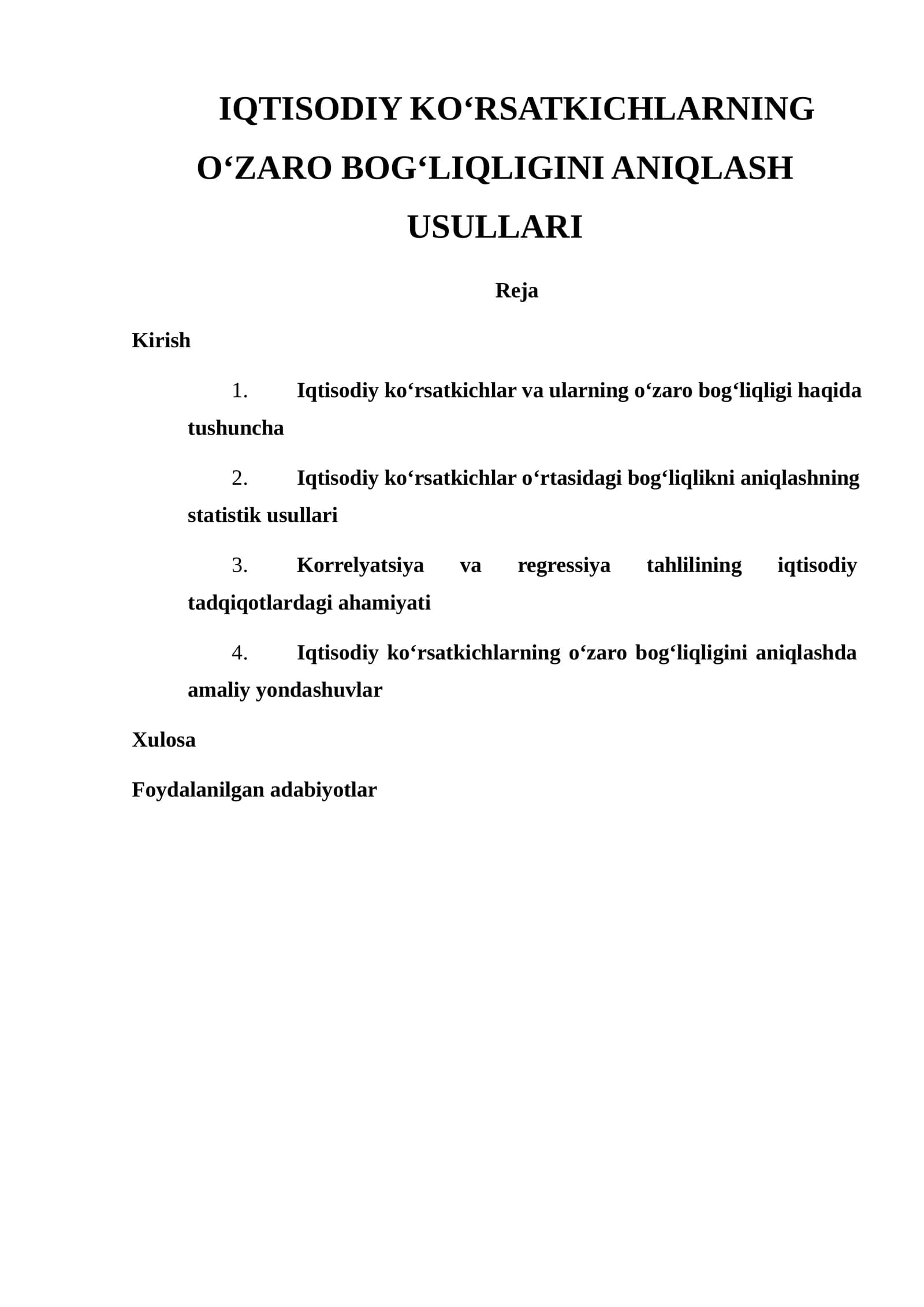 IQTISODIY KO‘RSATKICHLARNING O‘ZARO BOG‘LIQLIGINI ANIQLASH USULLARI