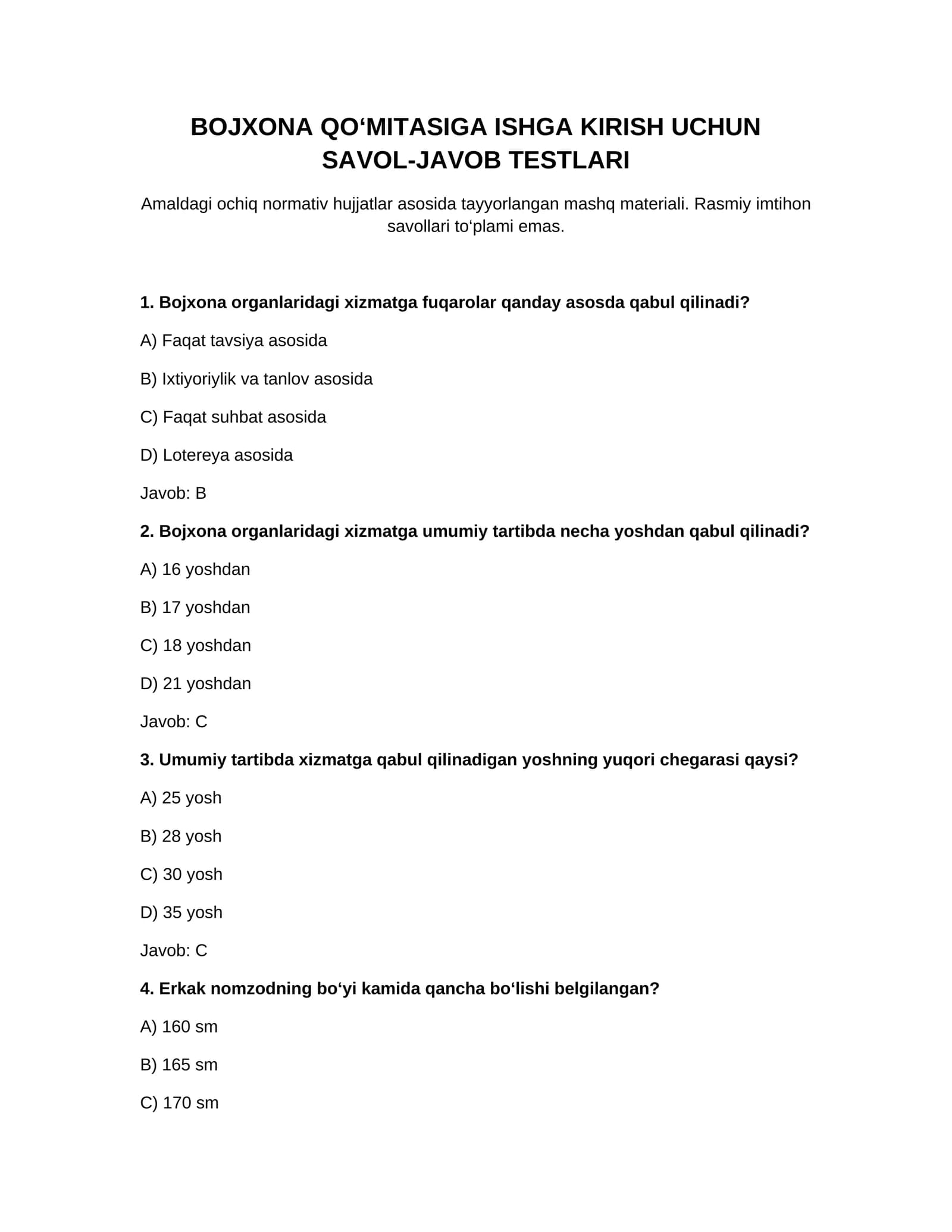 Bojxona qo‘mitasiga ishga kirish uchun savol-javob testlar to‘plami