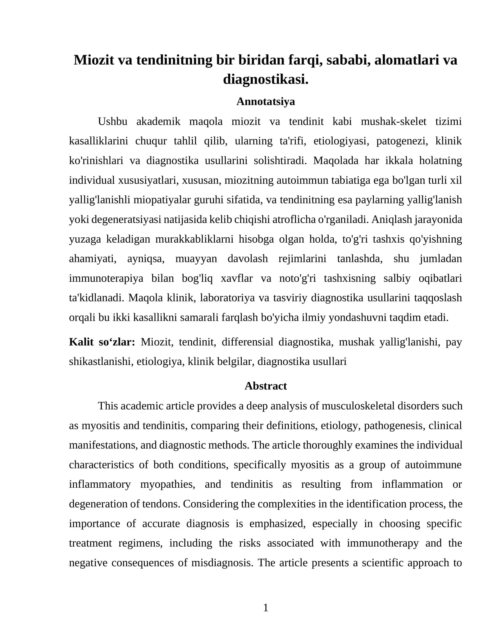 Miozit va tendinitning bir biridan farqi, sababi, alomatlari va diagnostikasi