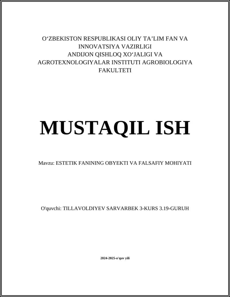Estetik Fanining Obyekti va Falsafiy Mohiyati