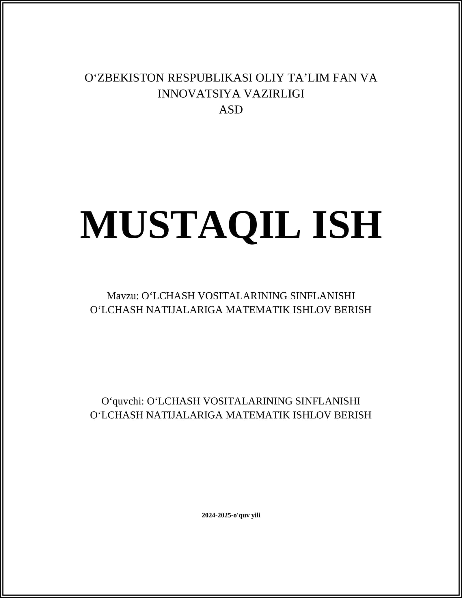 OʻLCHASH VOSITALARINING SINFLANISHI