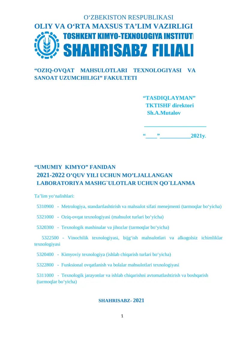 LABORATORIYA MASHG`ULOTLAR UCHUN QO`LLANMA