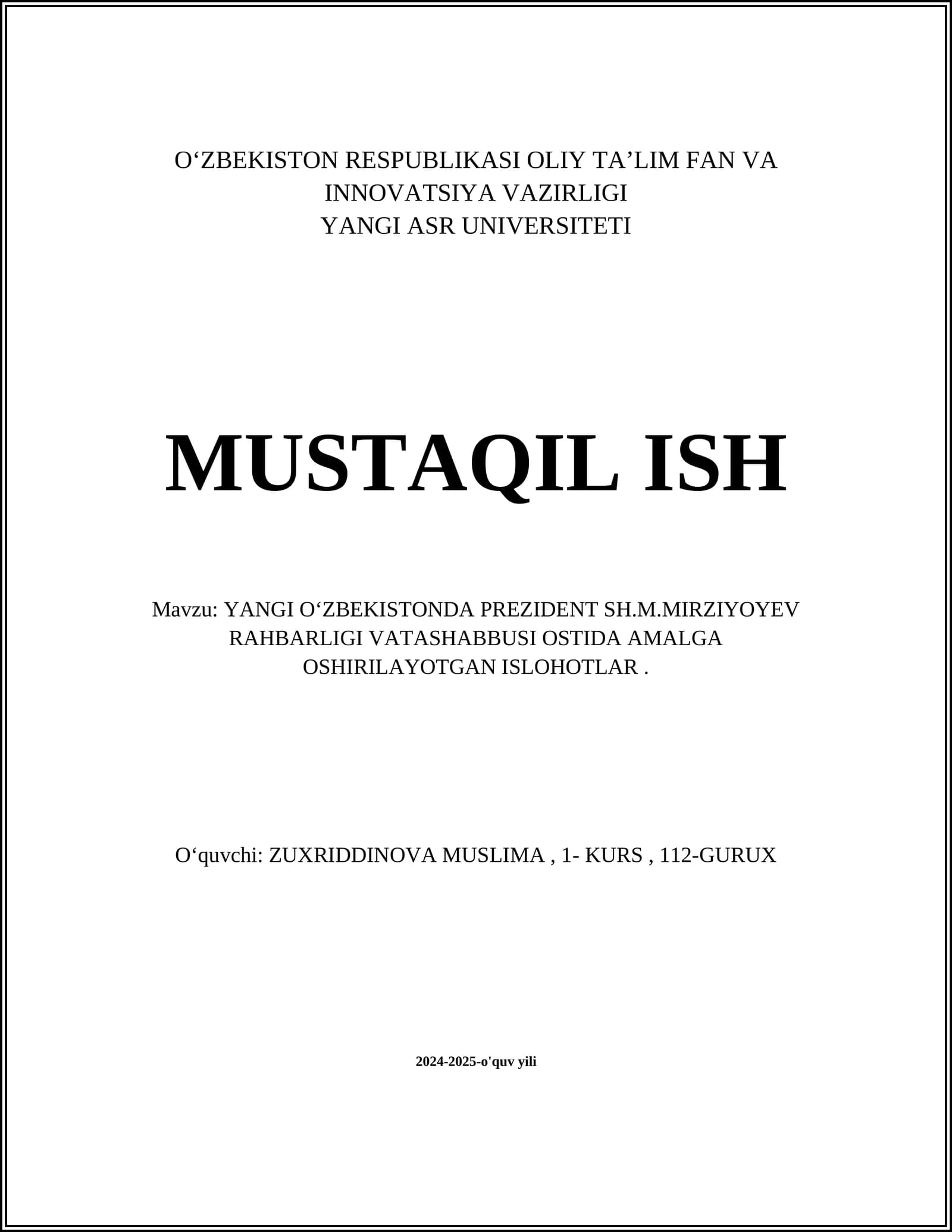 Yangi O‘zbekistonda Prezident Sh.M.Mirziyoyev Rahbarligi Vatashabbusi Ostida Amalga Oshirilayotgan Islohotlar