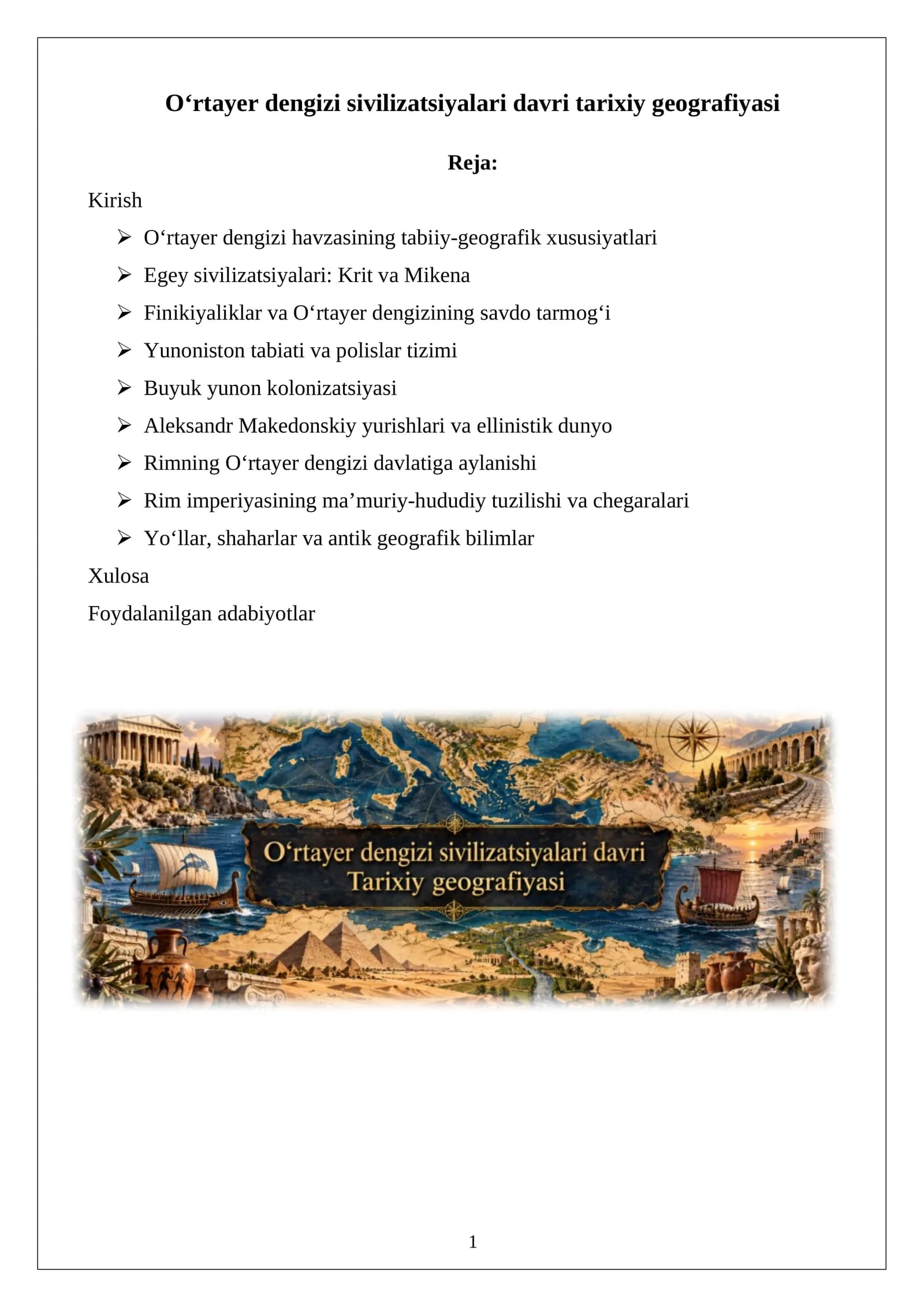 O‘rtayer dengizi sivilizatsiyalari davri tarixiy geografiyasi