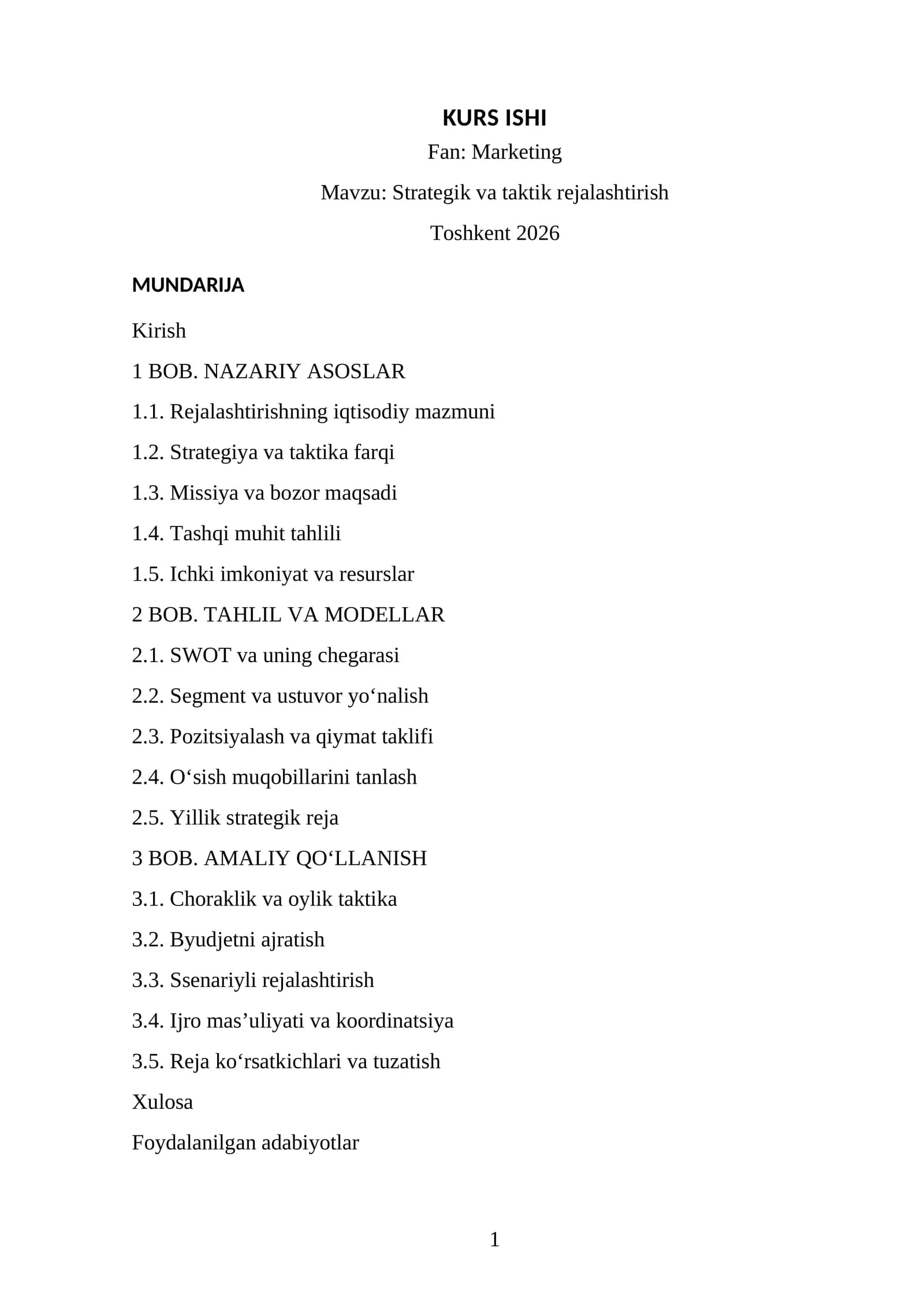 Strategik va taktik rejalashtirish KURS ISHI