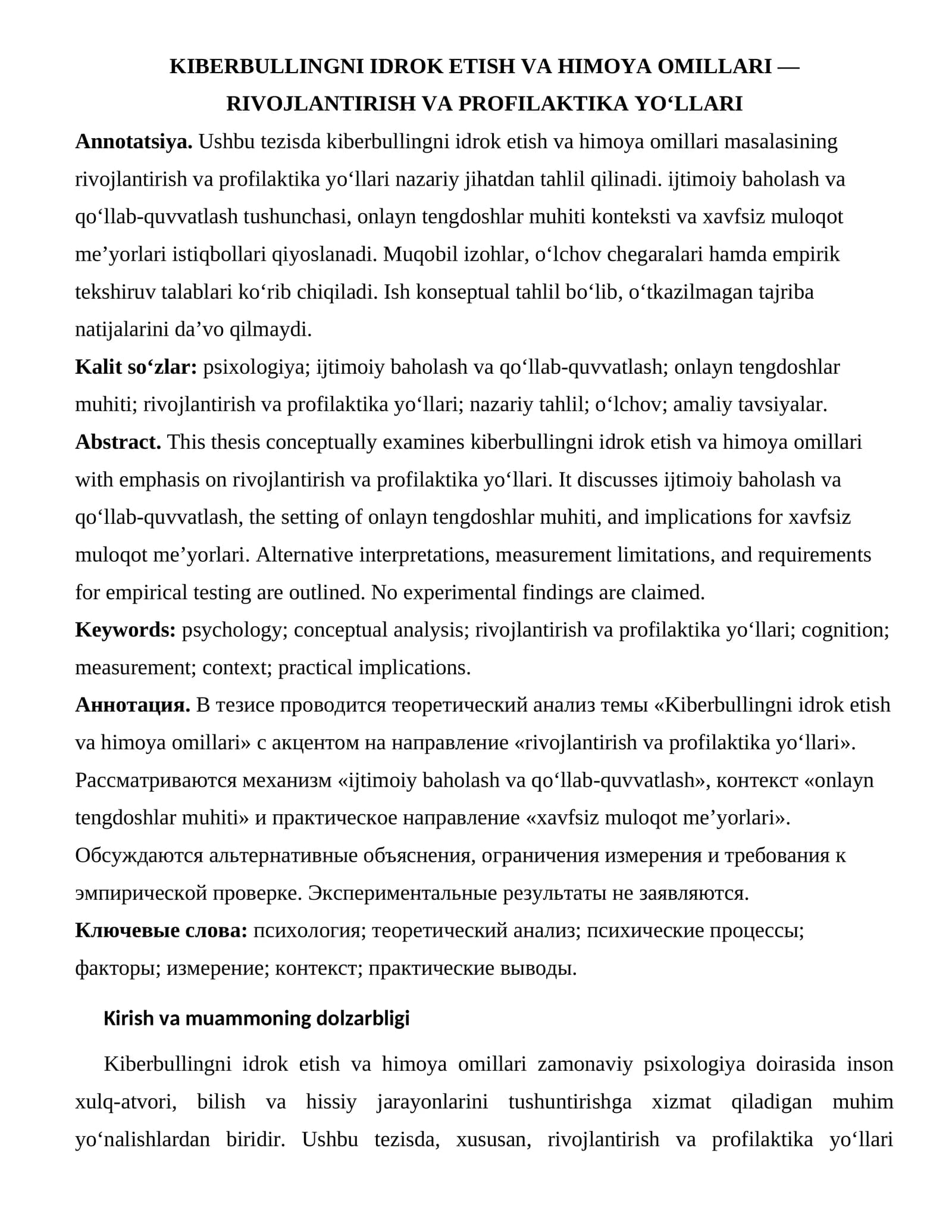 KIBERBULLINGNI IDROK ETISH VA HIMOYA OMILLARI