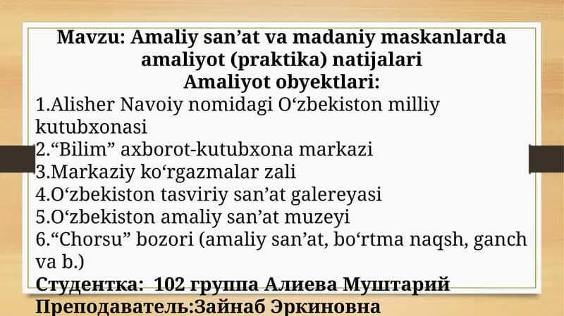 Amaliysan’at va madaniy maskanlarda amaliyot (praktika) natijalari