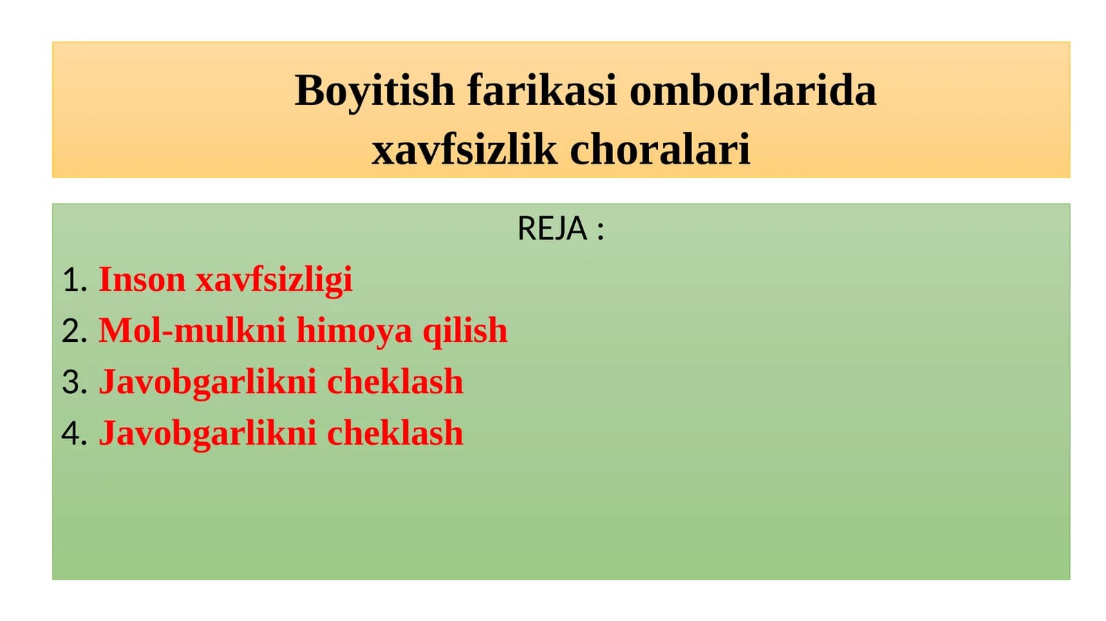 Boyitish korxonasi darida omborlarga xavfsizlik choralari