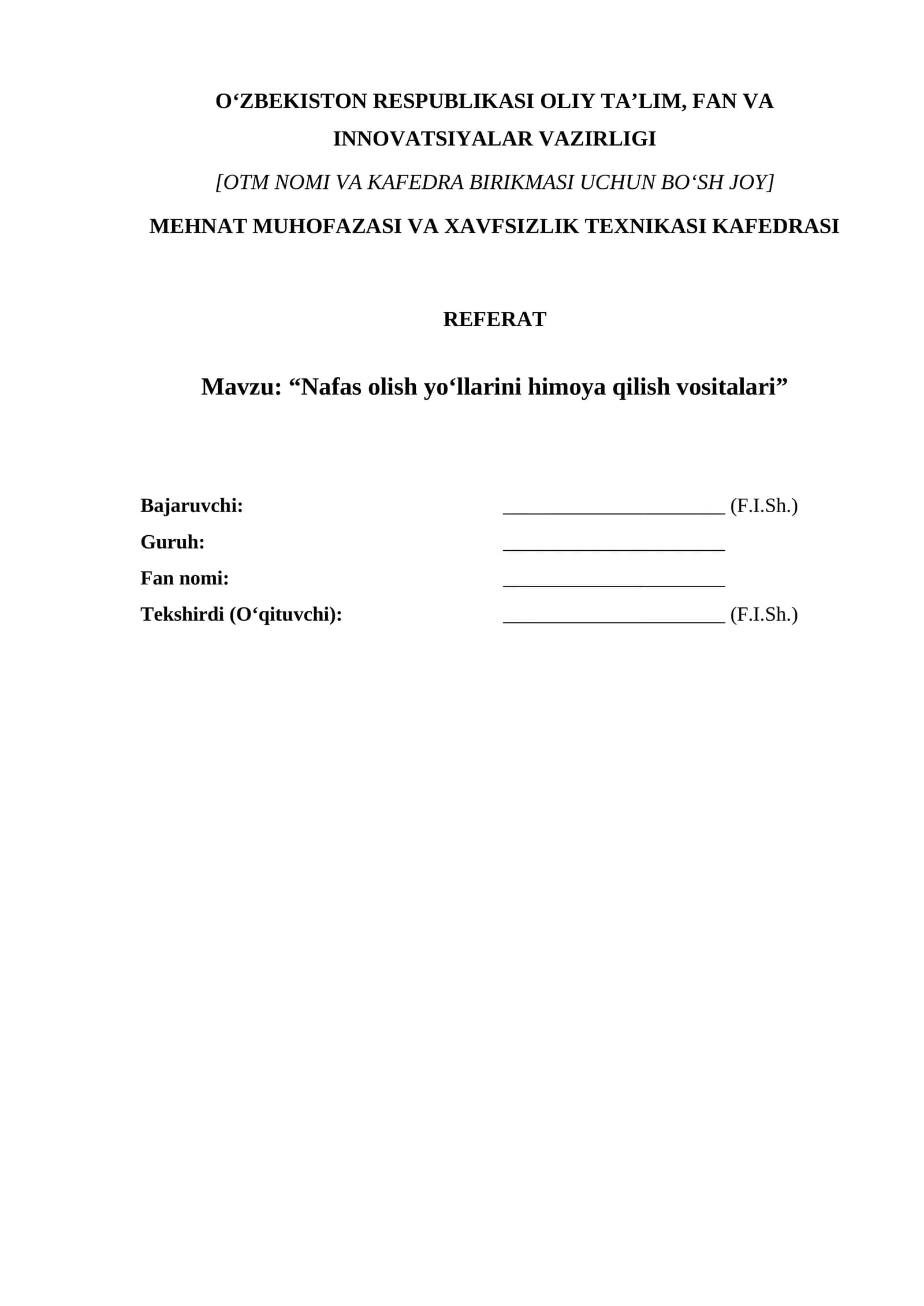 Nafas olish yo‘llarini himoya qilish vositalari — standart asosida referat