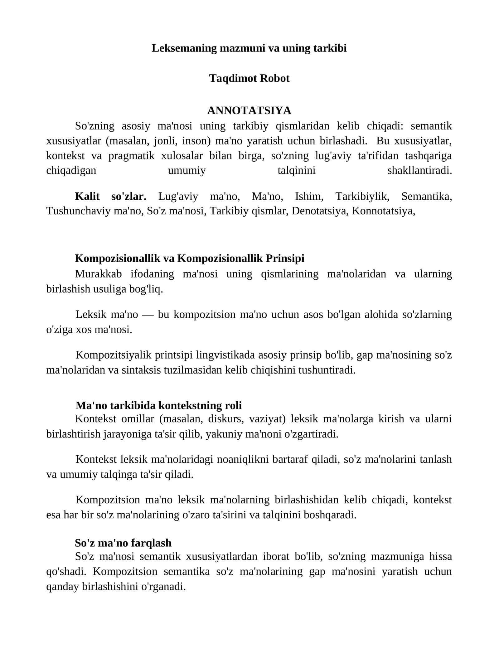 Kompozisionallik va Kompozisionallik Prinsipi