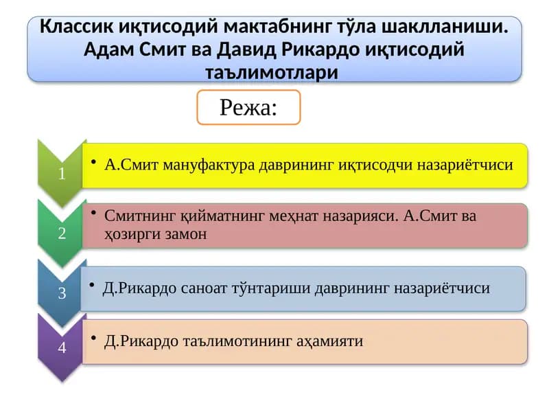 Классик иқтисодий мактабнинг тўла шаклланиши. Адам Смит ва Давид Рикардо иқтисодий таълимотлари