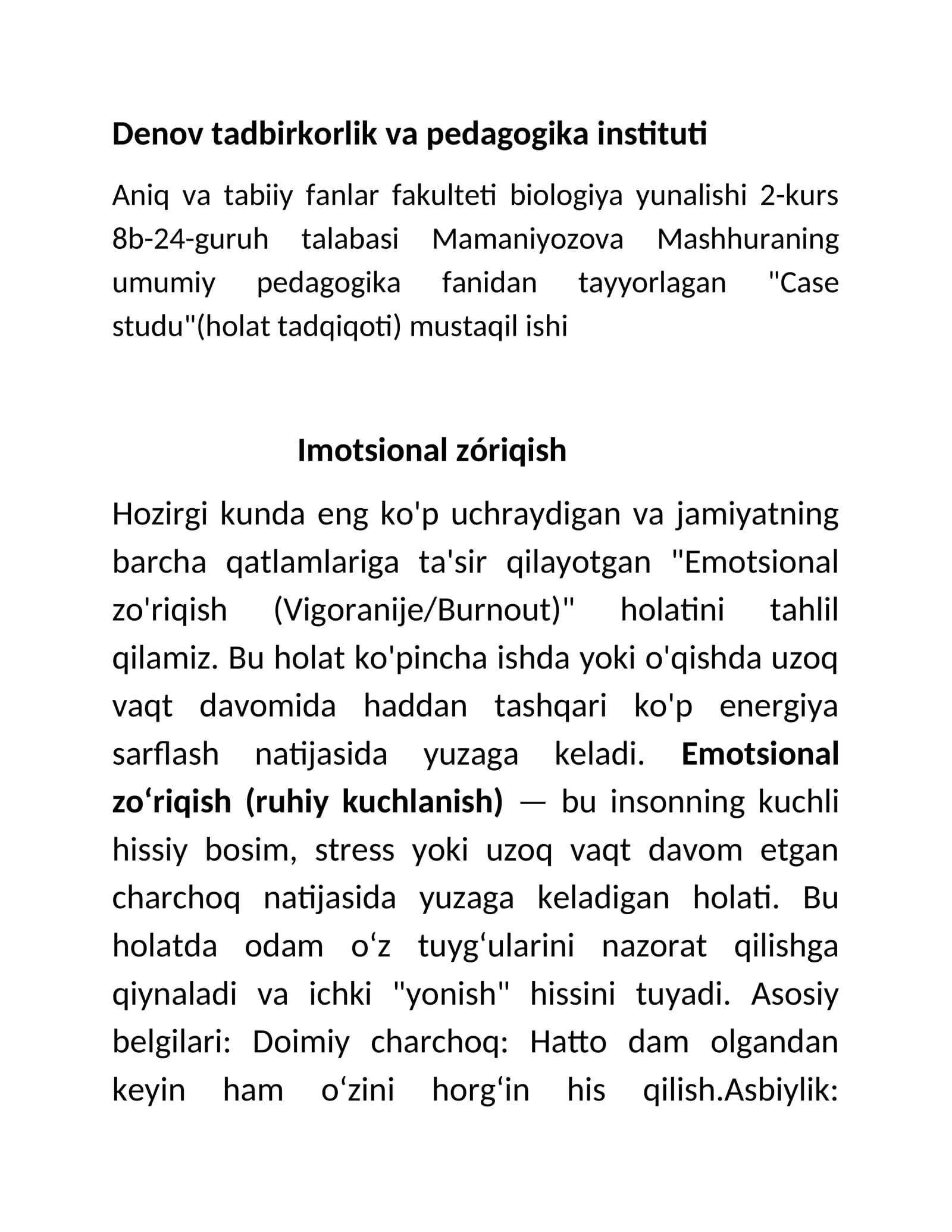 "Case studu"(holat tadqiqoti) mustaqil ishi