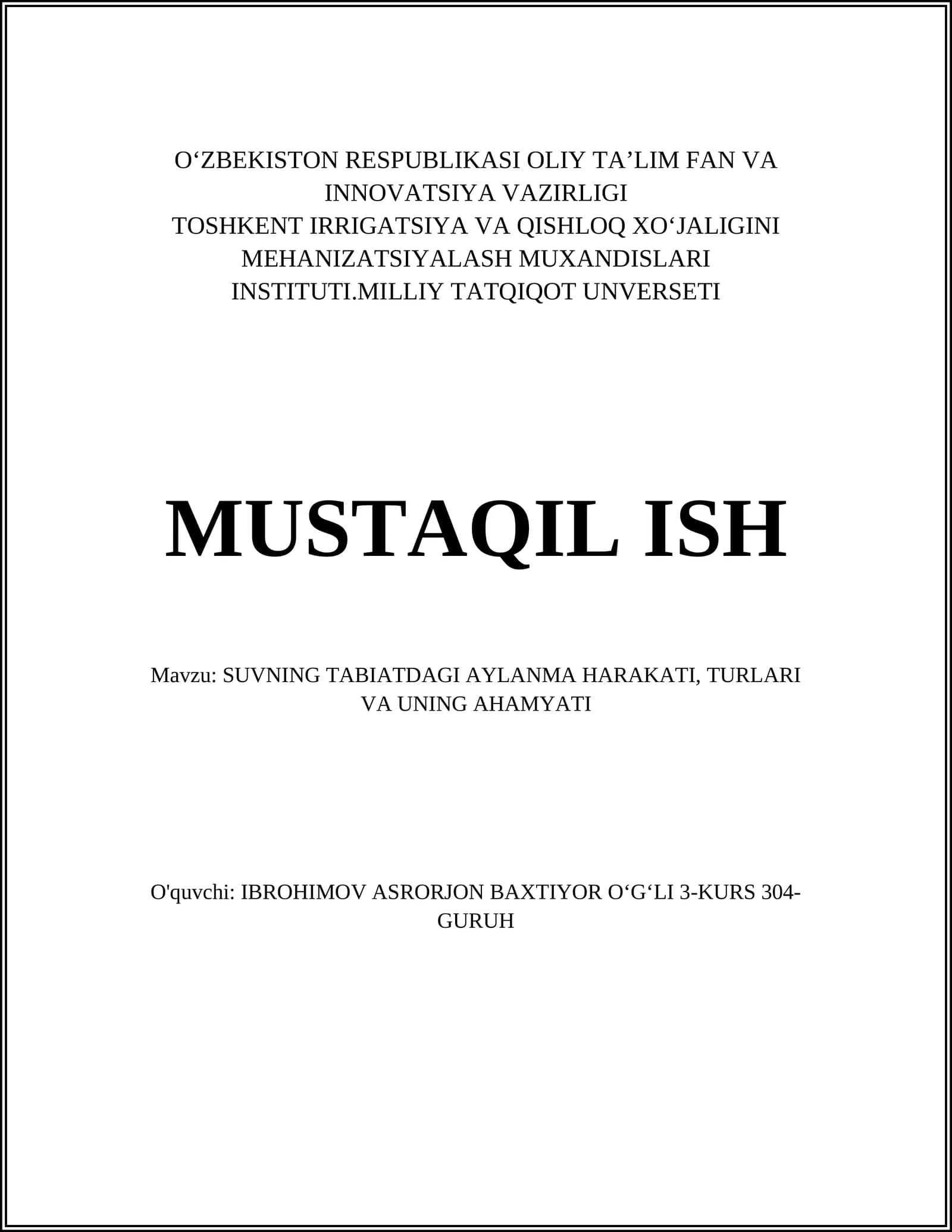 SUVNING TABIATDAGI AYLANMA HARAKATI, TURLARI VA UNING AHAMYATI