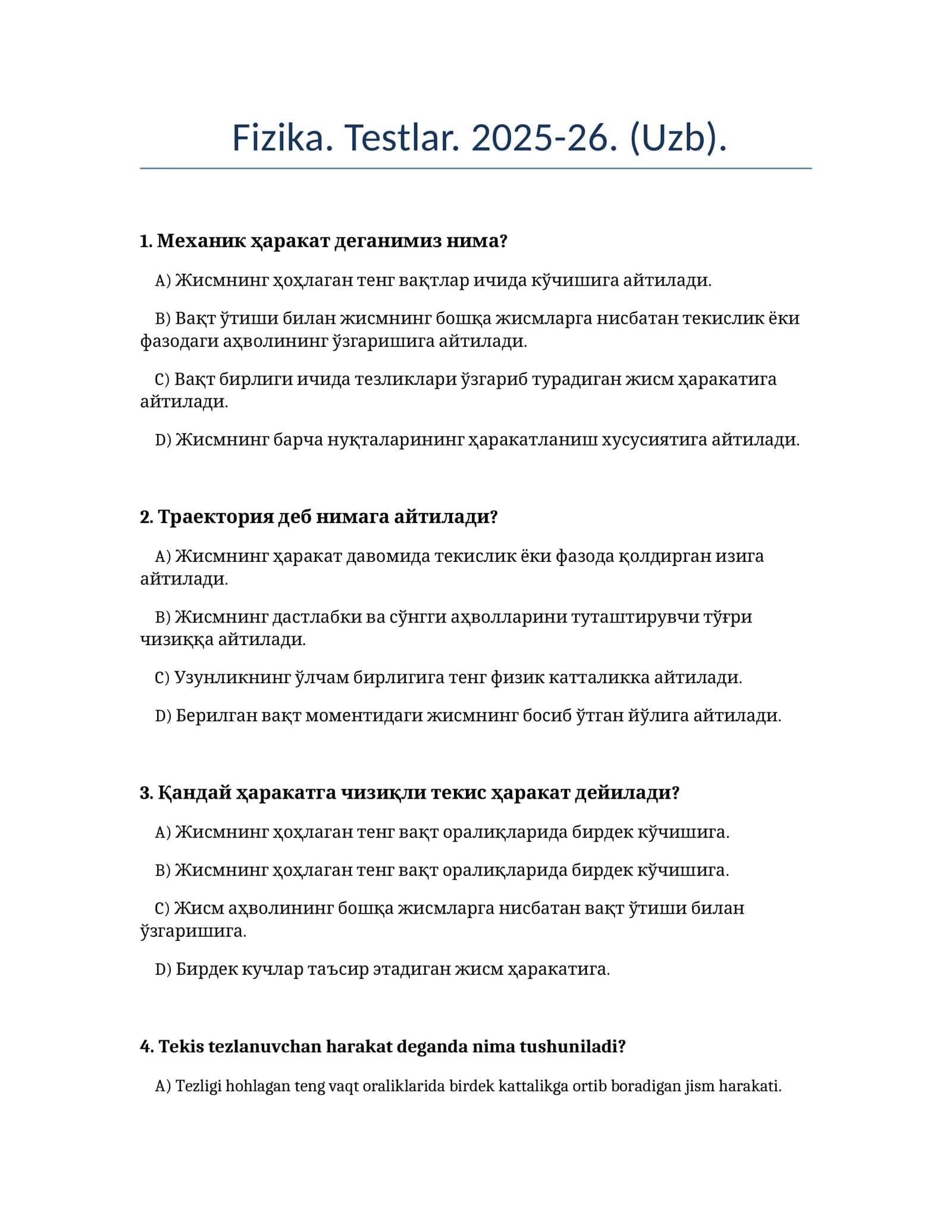 Fizika. Testlar. 2025-26. (Uzb)