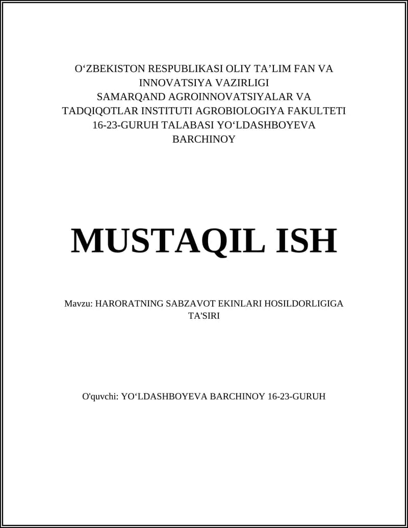 HARORATNING SABZAVOT EKINLARI HOSILDORLIGIGA TA'SIRI