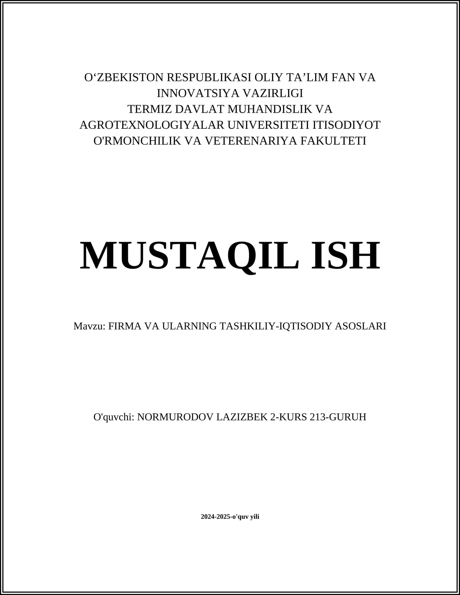 FIRMA VA ULARNING TASHKILIY-IQTISODIY ASOSLARI