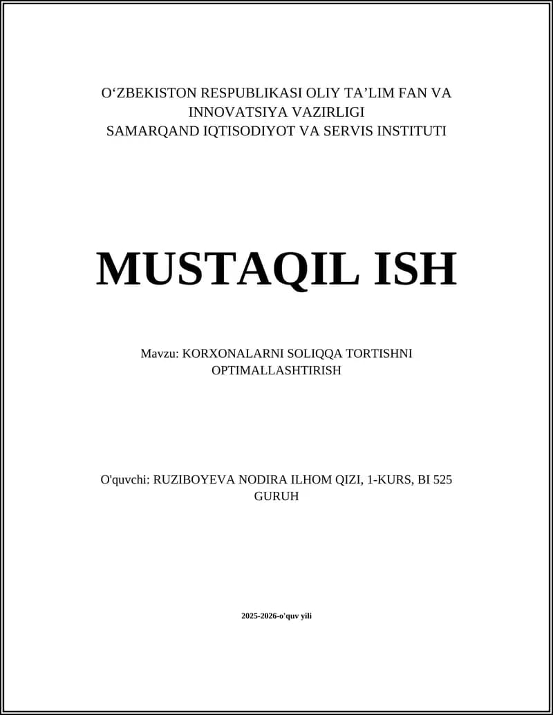 KORXONALARNI SOLIQQA TORTISHNI OPTIMALLASHTIRISH