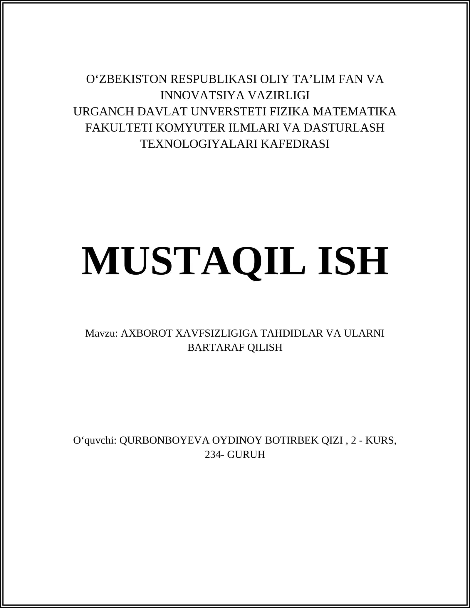 AXBOROT XAVFSIZLIGIGA TAHDIDLAR VA ULARNI BARTARAF QILISH