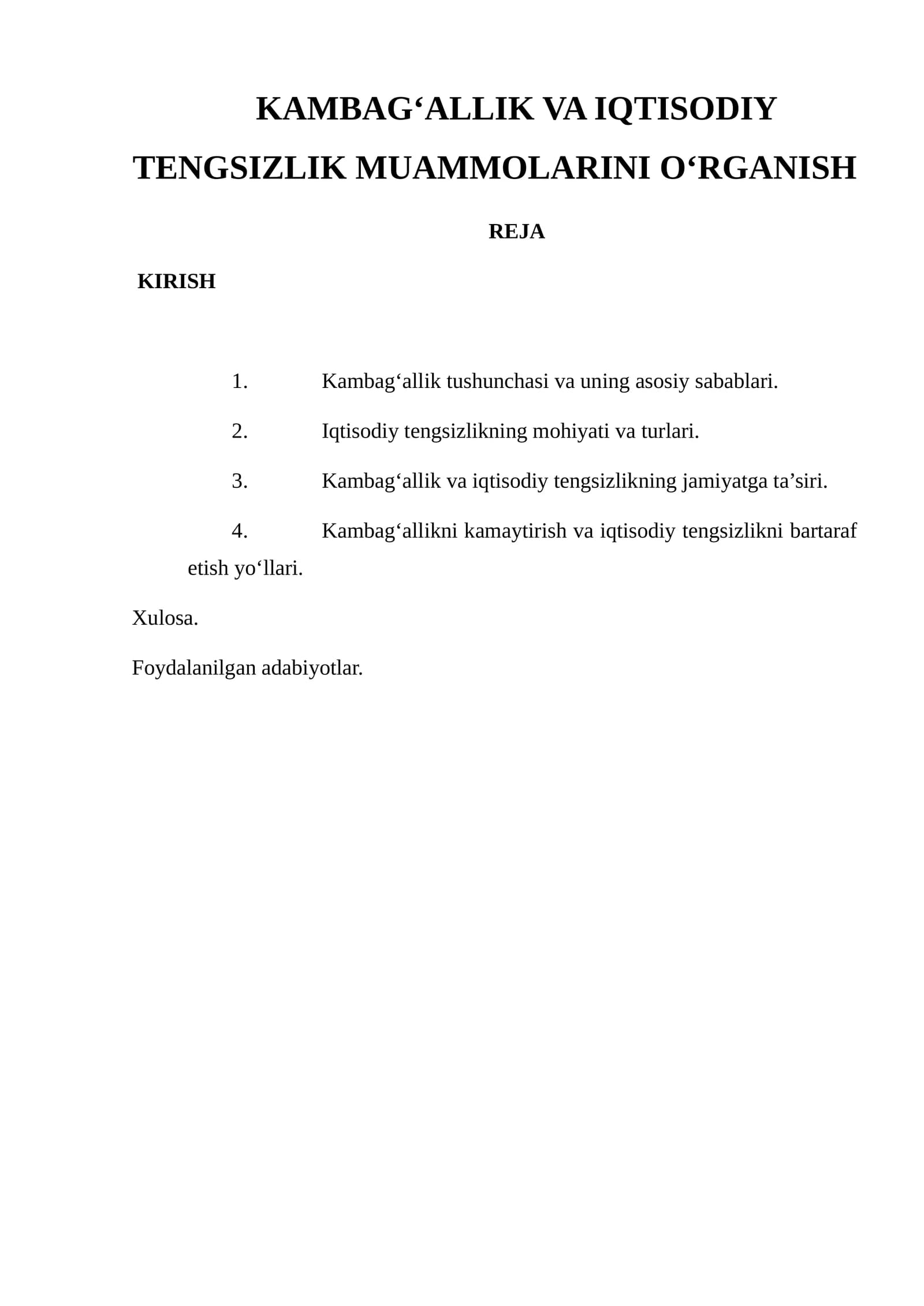 KAMBAG‘ALLIK VA IQTISODIY TENGSIZLIK MUAMMOLARINI O‘RGANISH